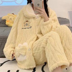 Pompompurin Inspired Plush Button Down 2 PCs Long Sleeve Pajama Set (Size Large)